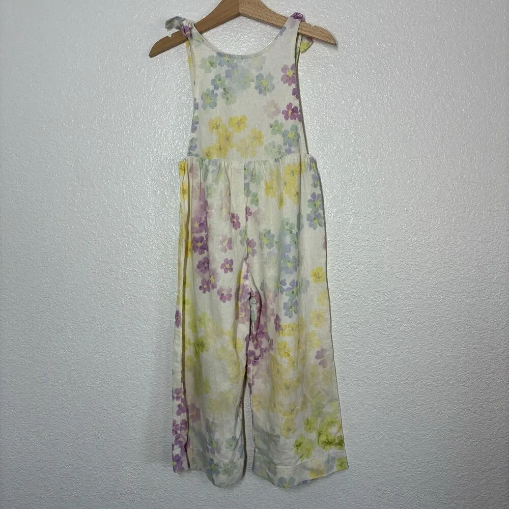 Zara Spain Jumpsuit Girls 5 Yellow Floral Linen Blend Tie Strap Summer One Piece